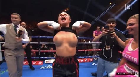 OnlyFans boxer Daniella Hemsley lifts shirt up in celebration after ...